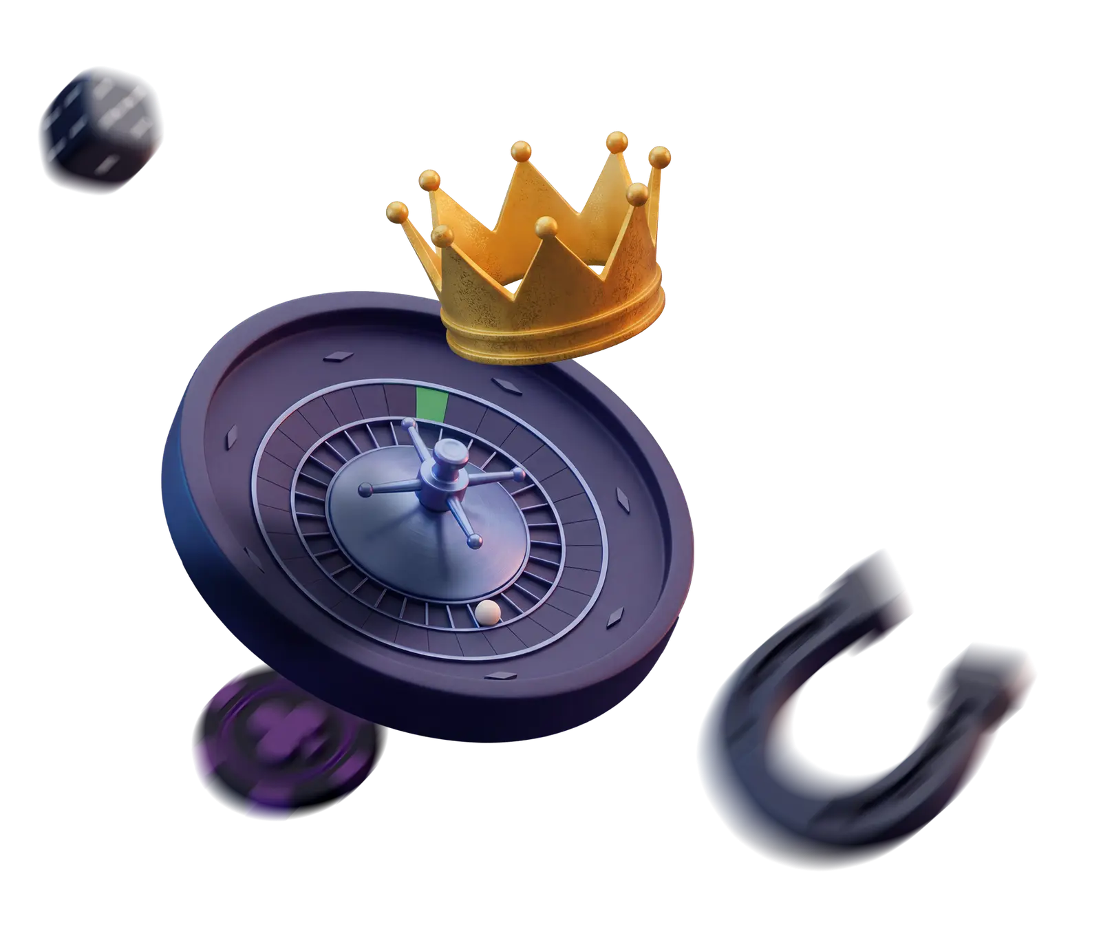 3D roulette wheel with a gold crown, casino chip and horseshoe