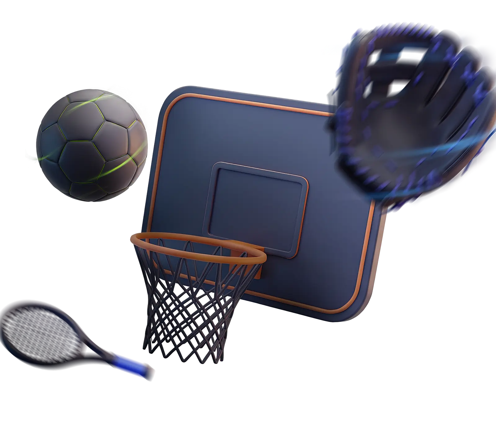 3D basketball hoop, football, tennis racket and baseball glove
